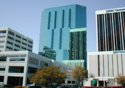 The iconic blue 3 Commercial Place in Norfolk, Va